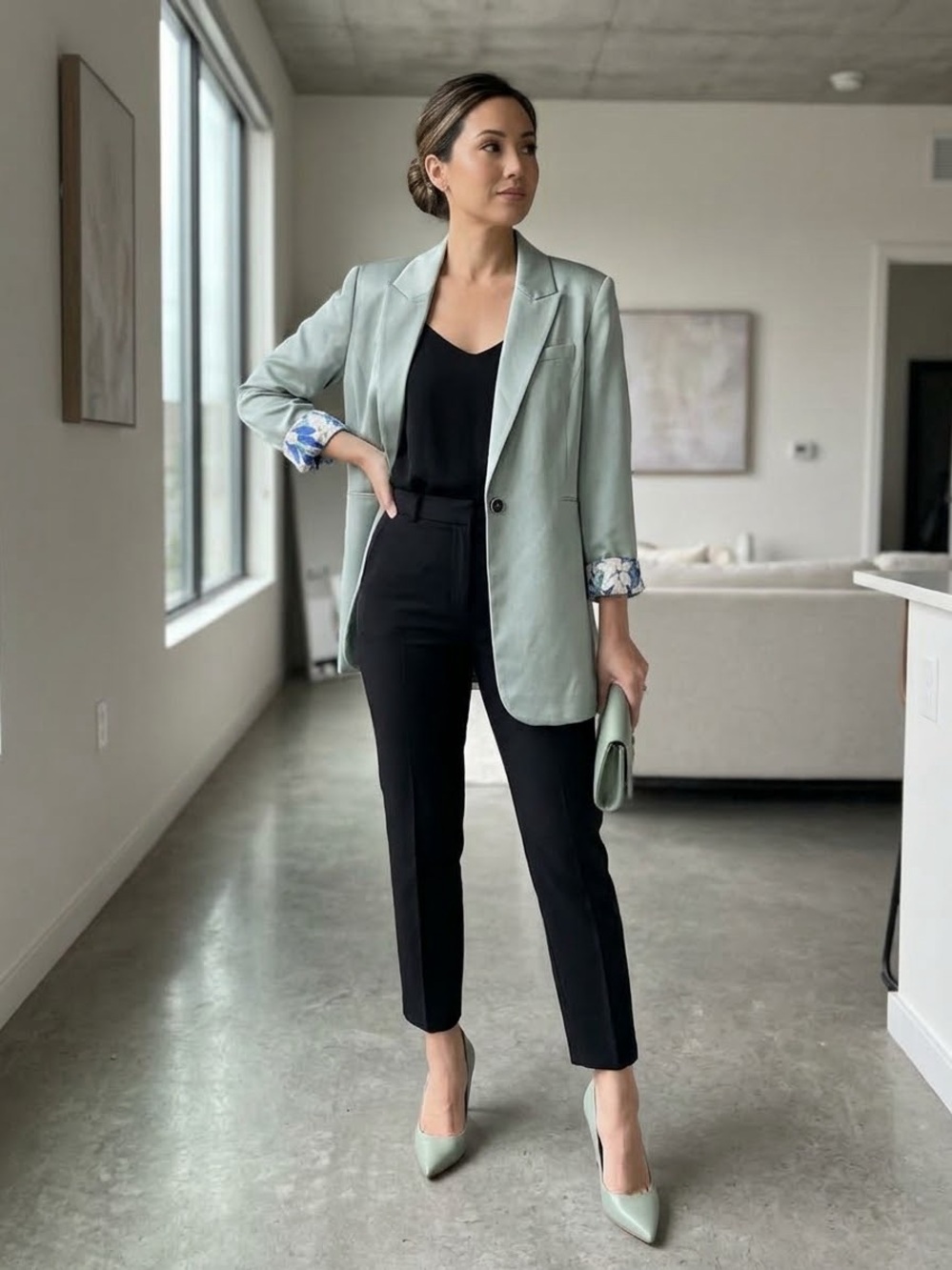 Jessicas Liu San Francisco Satin Floral lined Blaizer Jacket Sage Green Women’s